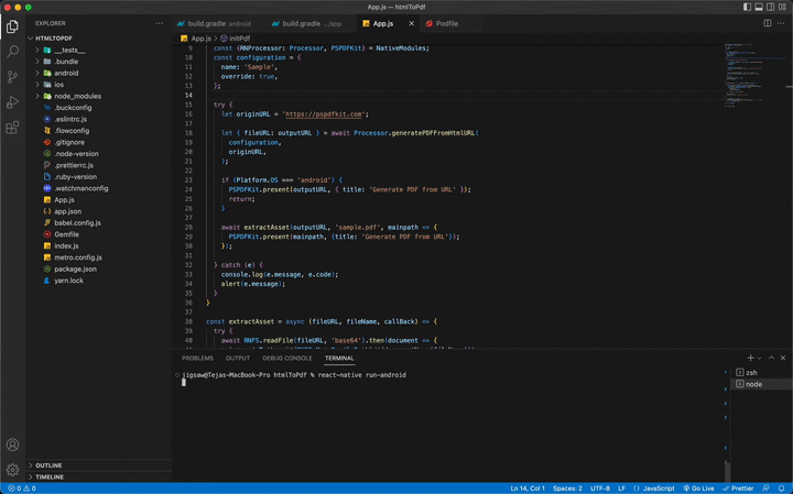GIF showing the result of react-native run-android