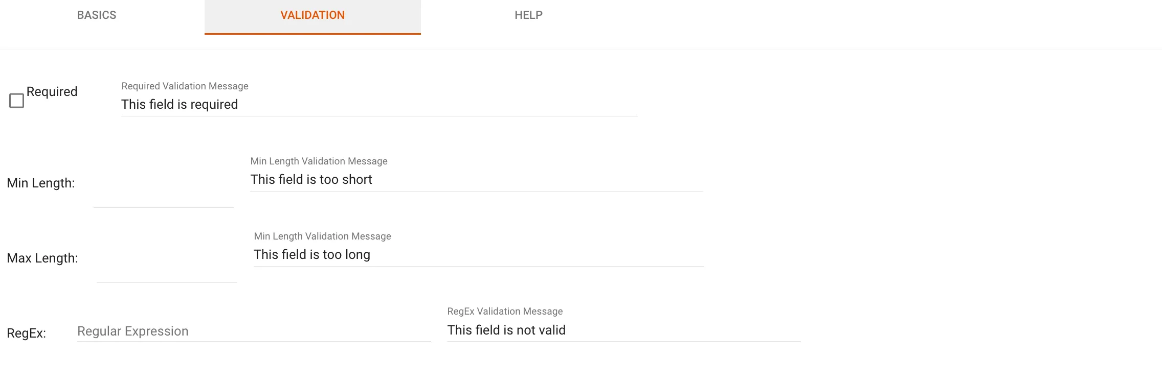 Validation tab with validation options