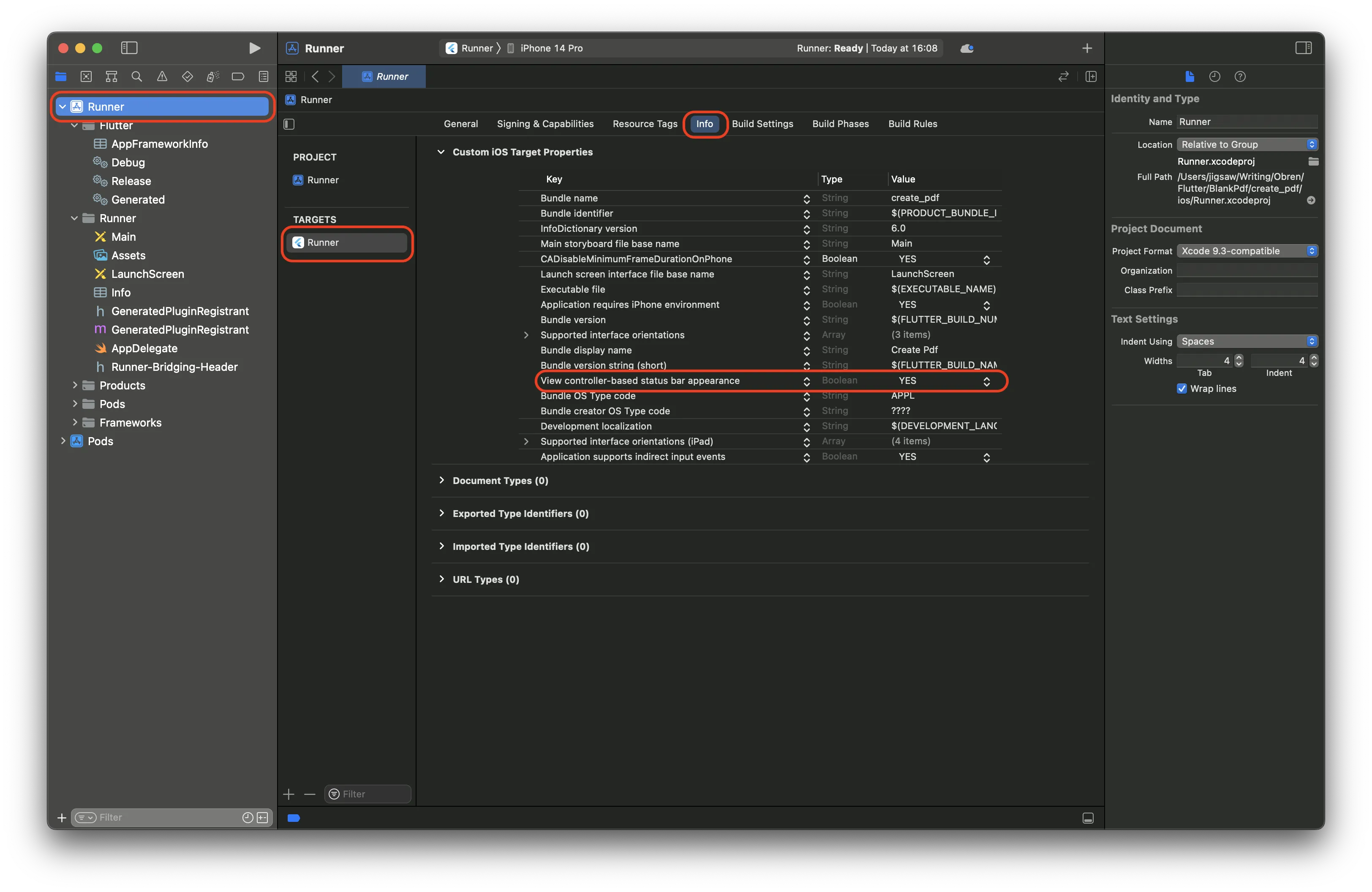 Image showing the View controller-based status bar appearance setting in Xcode