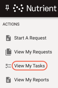 View My Tasks menu showing Actions navigation with Start A Request, View My Requests, View My Tasks, and View My Reports options