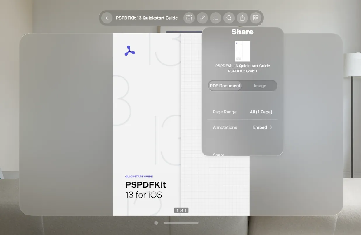 visionOS ornament showing the share popover