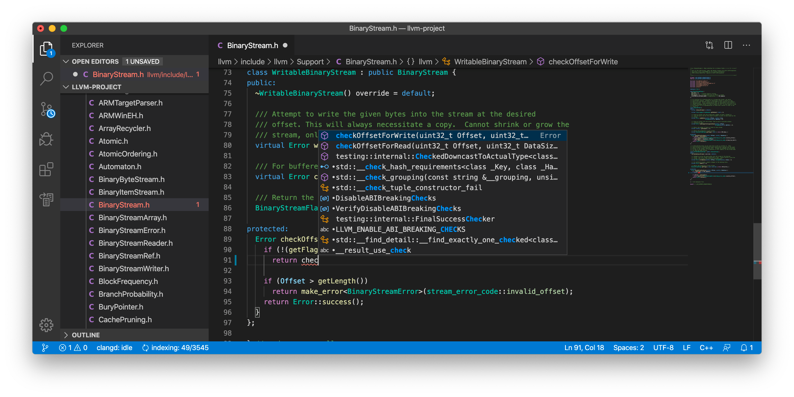 Visual Studio Code offering autocomplete options for a piece of C++ code