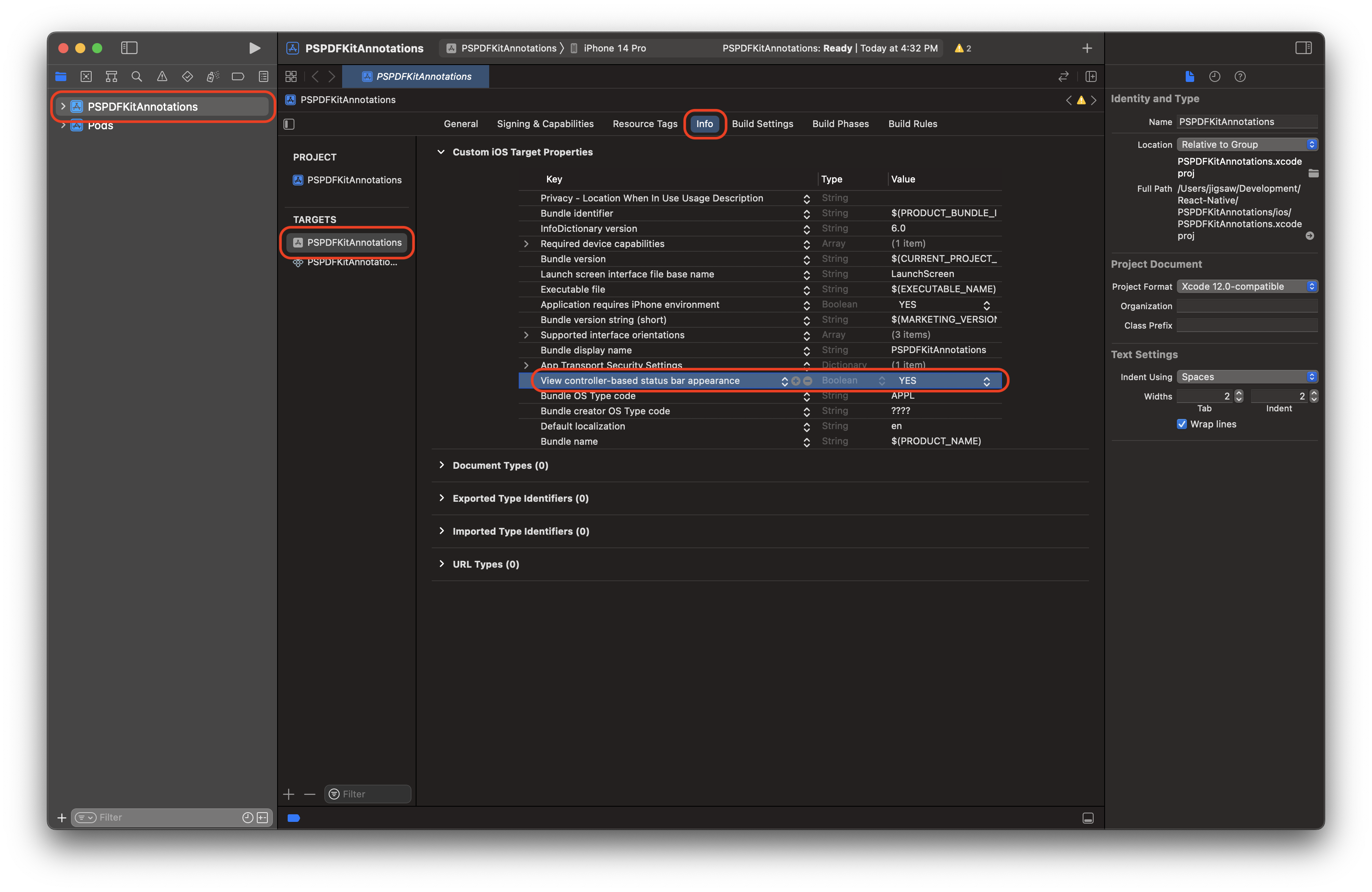 Image showing the project’s info.plist in Xcode