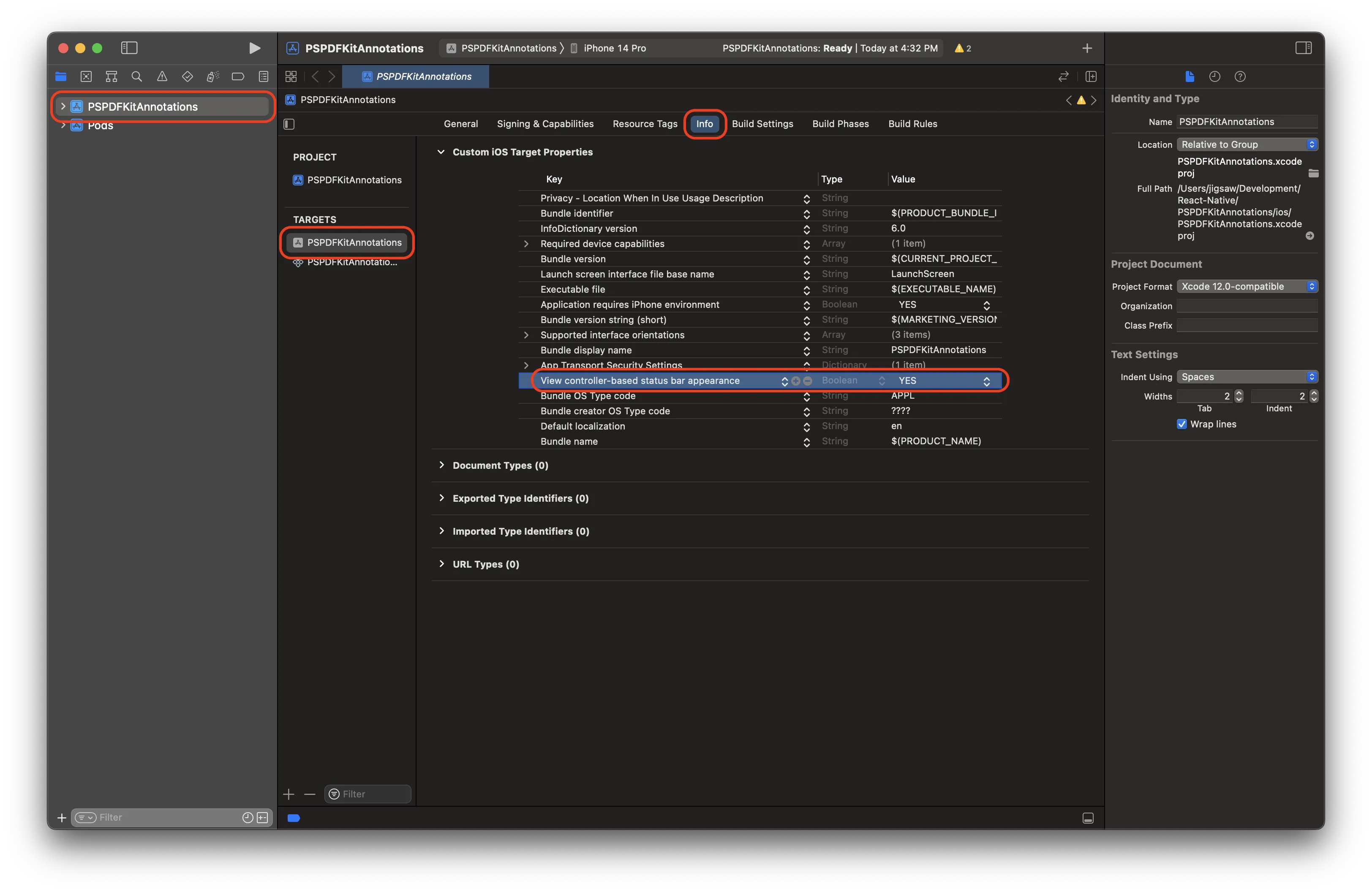 Image showing the project’s info.plist in Xcode