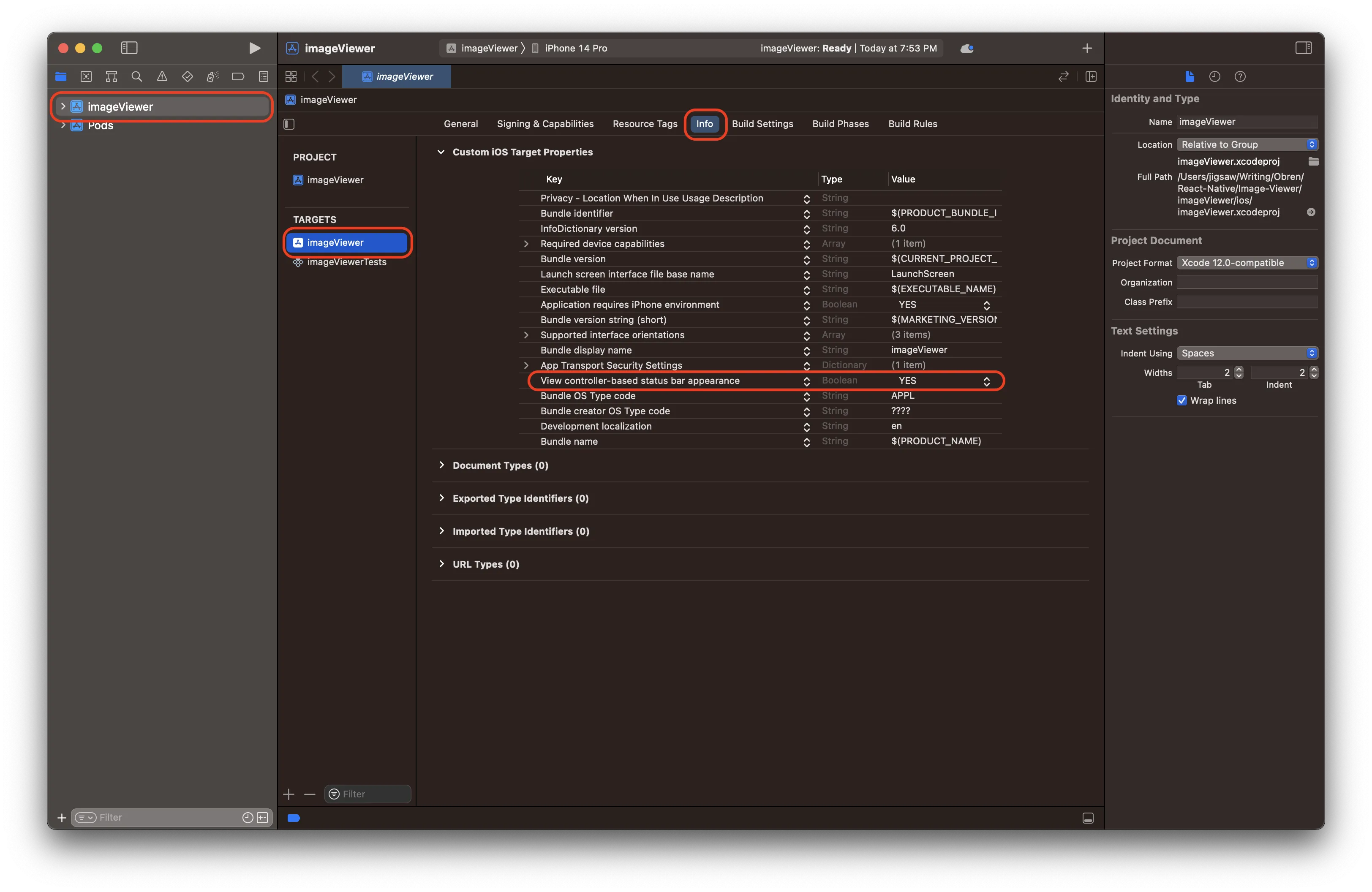 Image showing Xcode interface for setting the info.plist
