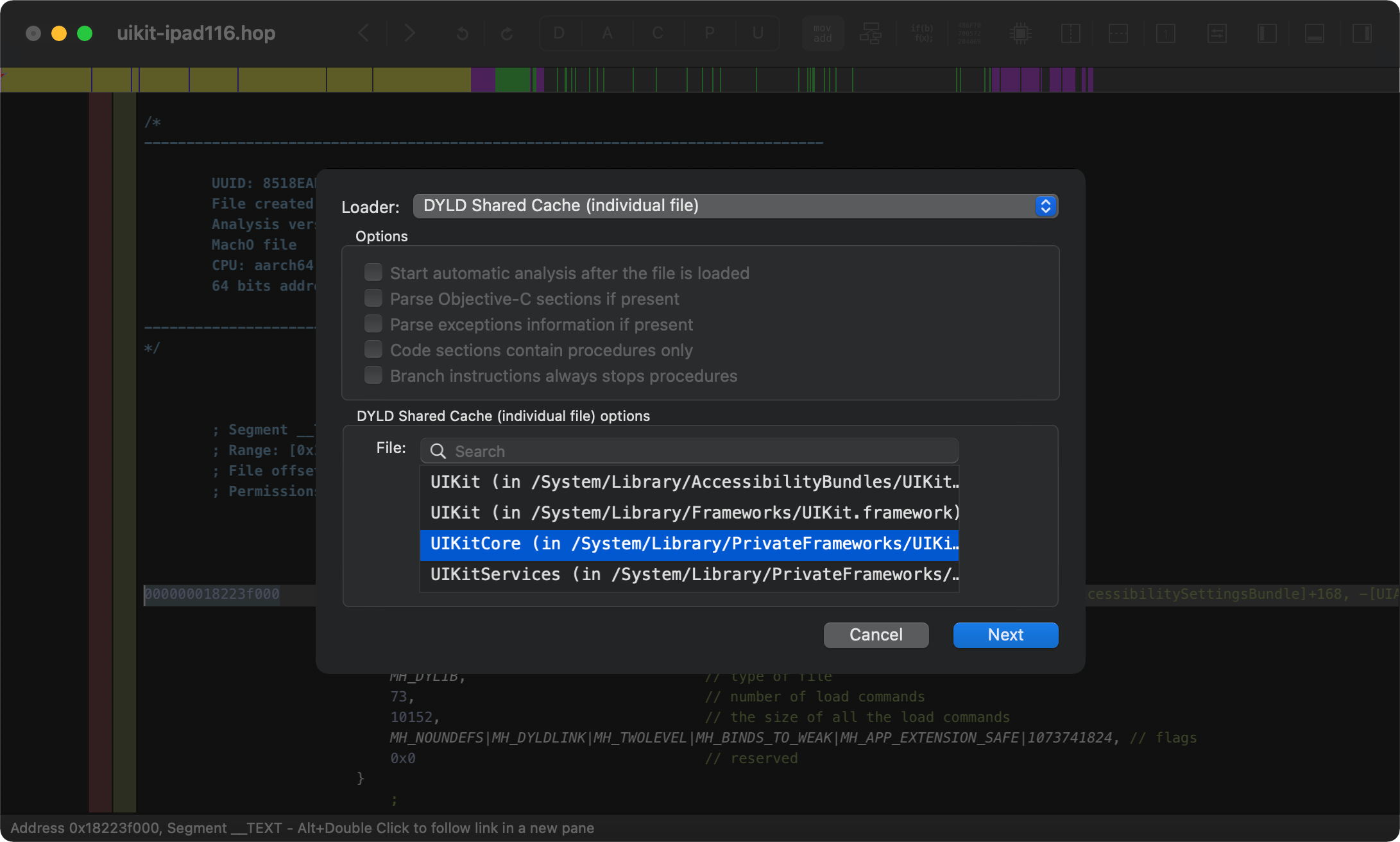 Hopper app presenting a choice of framework to disassemble. UIKitCore is selected.