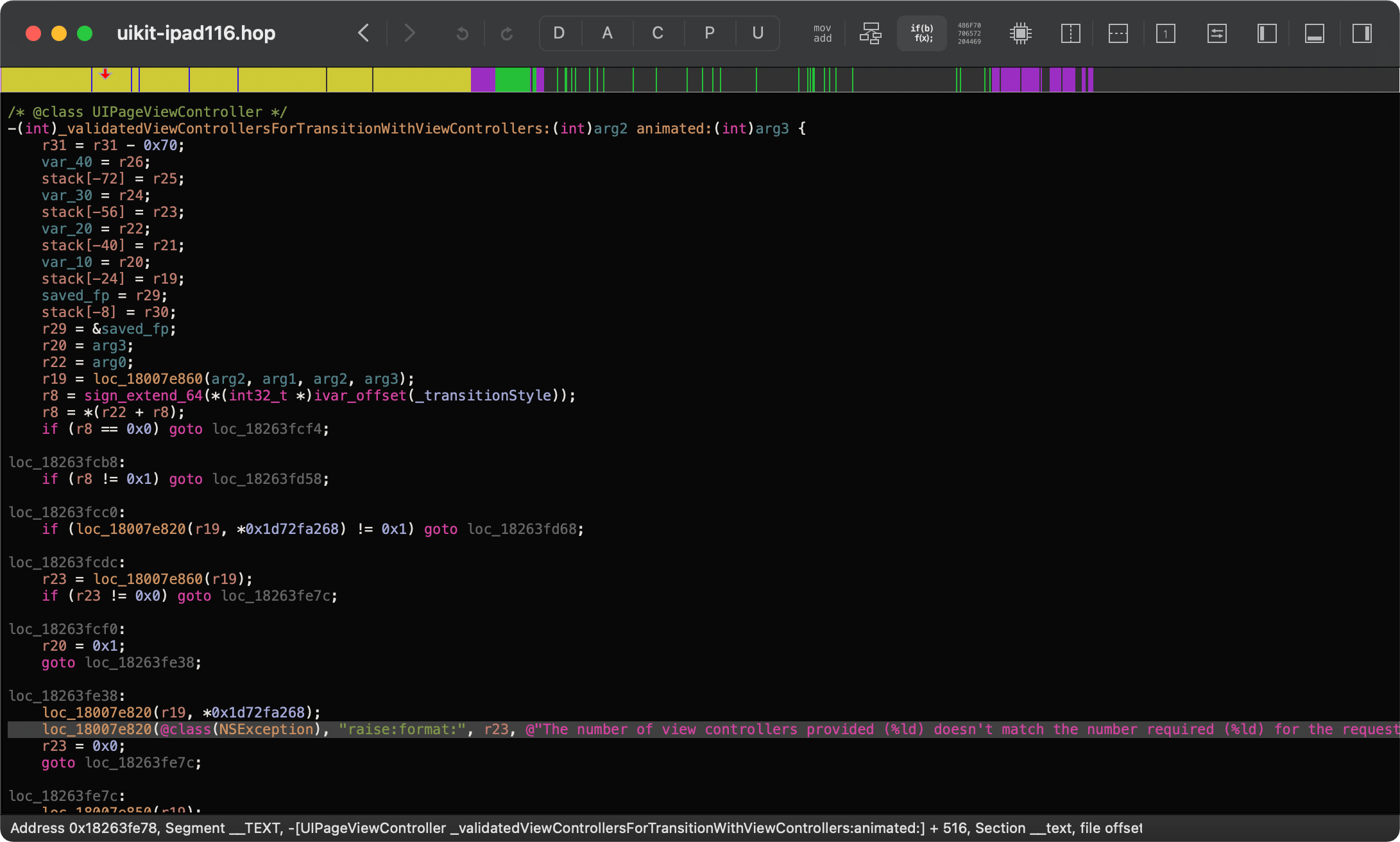 Hopper app displaying the disassembled pseudocode of method `_validatedViewControllers…` at offset 516. The instruction of raising the exception is highlighted.