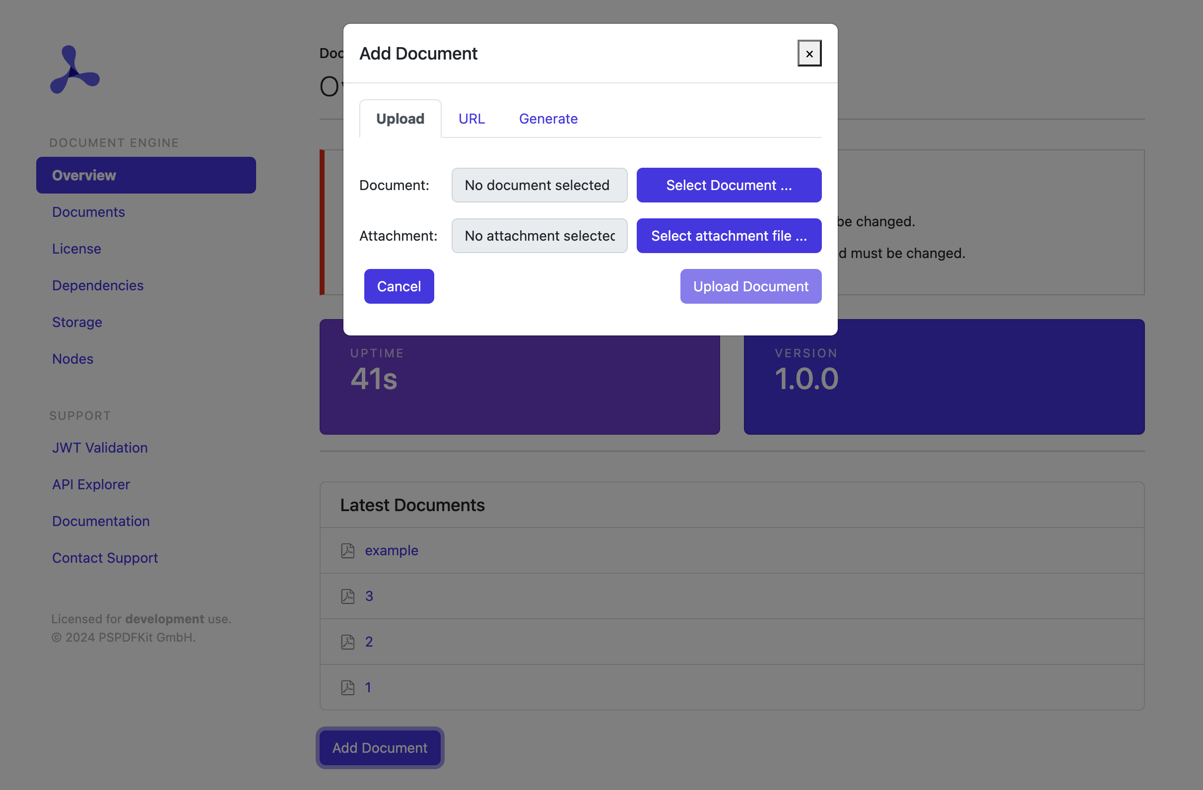 Screenshot showing the create document modal window in the Document Engine Dashboard