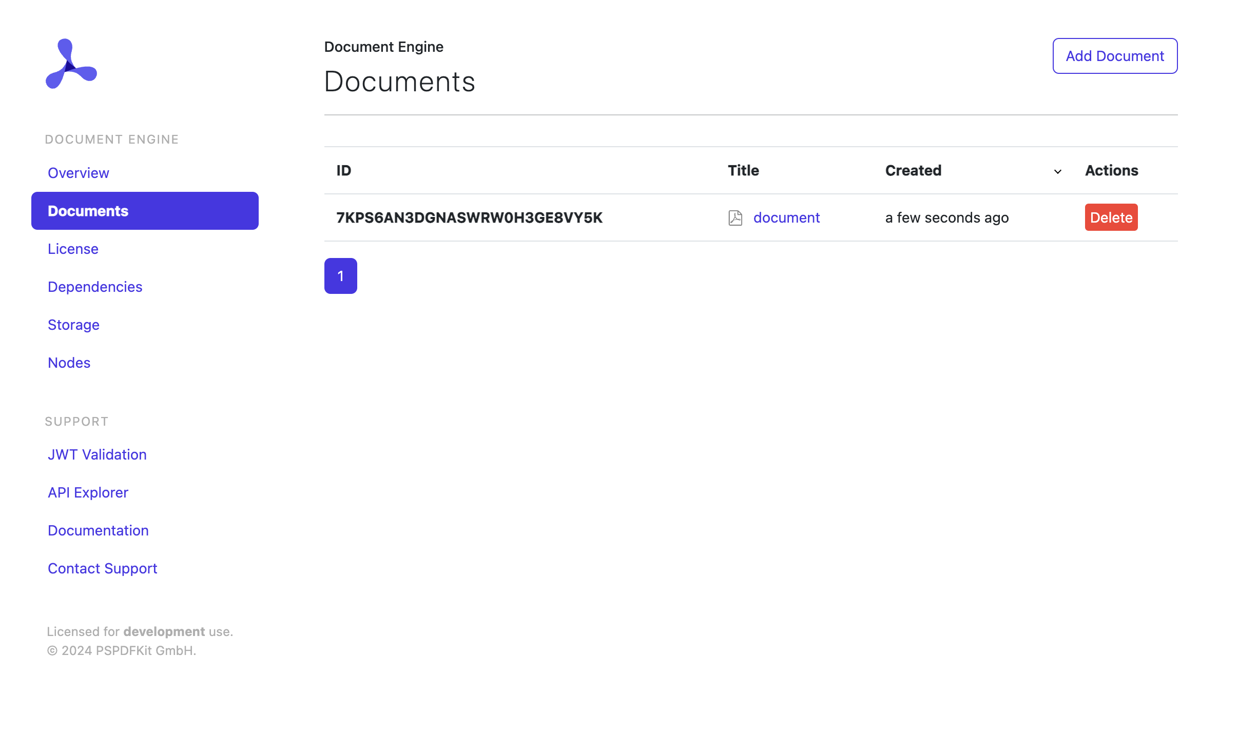 Screenshot showing the create document modal window in the Document Engine Dashboard