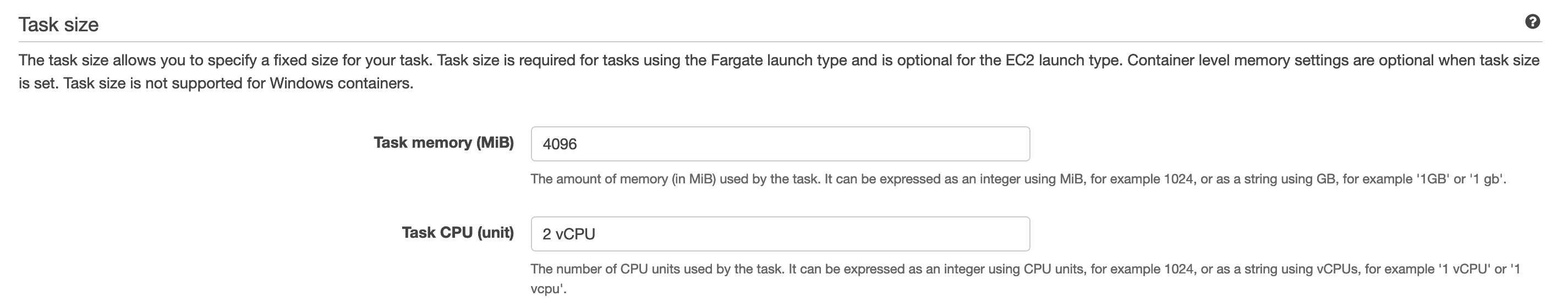 AWS Task Size Settings