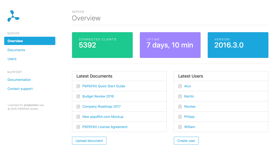 PSPDFKit Server Dashboard