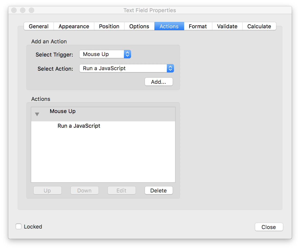 Acrobat Form Field Actions dialog